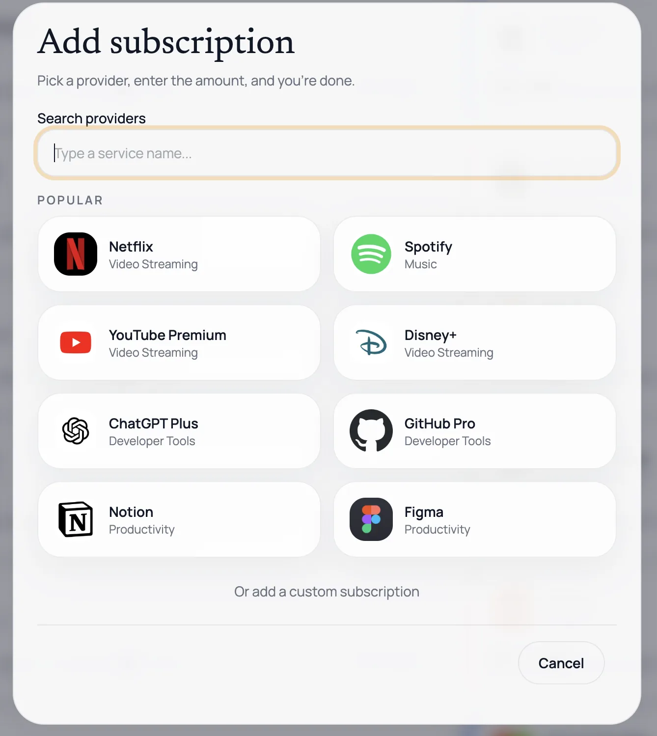 Add subscription dialog showing popular providers like Netflix, Spotify, and more